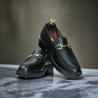 Handmade Men's Black Leather Shoes ,Alligator Textured Shoes - Thumbnail 2