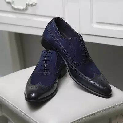 Handmade men two tone wing tip dress shoes, men black and blue shoes