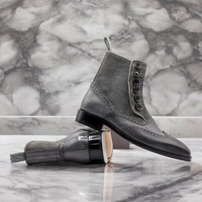 Handmade men's gray leather and suede boot ,ankle high button wing tip boot