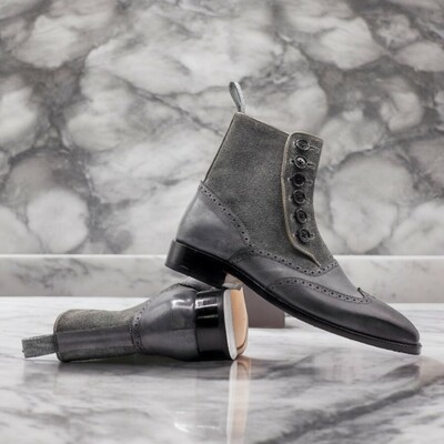 Handmade Men's Gray Leather and Suede Boot ,Ankle High Button Wing Tip Boot
