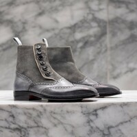 Handmade Men's Gray Leather and Suede Boot ,Ankle High Button Wing Tip Boot - Thumbnail 1