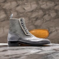 Handmade Men's Gray Leather and Suede Boot ,Ankle High Button Wing Tip Boot - Thumbnail 2