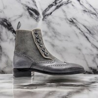 Handmade Men's Gray Leather and Suede Boot ,Ankle High Button Wing Tip Boot - Thumbnail 3