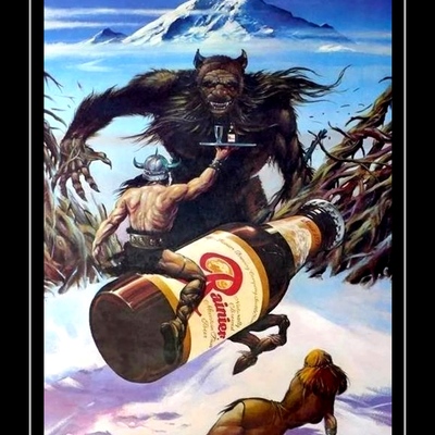 Vintage 1970s rainier beer bigfoot poster print, bar wall art barbeerian sasquatch werewolf - Thumbnail 4