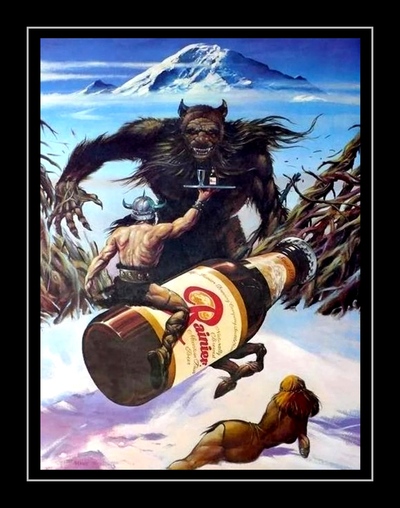 Vintage 1970s Rainier Beer BigFoot Poster Print, Bar Wall Art Barbeerian Sasquatch Werewolf