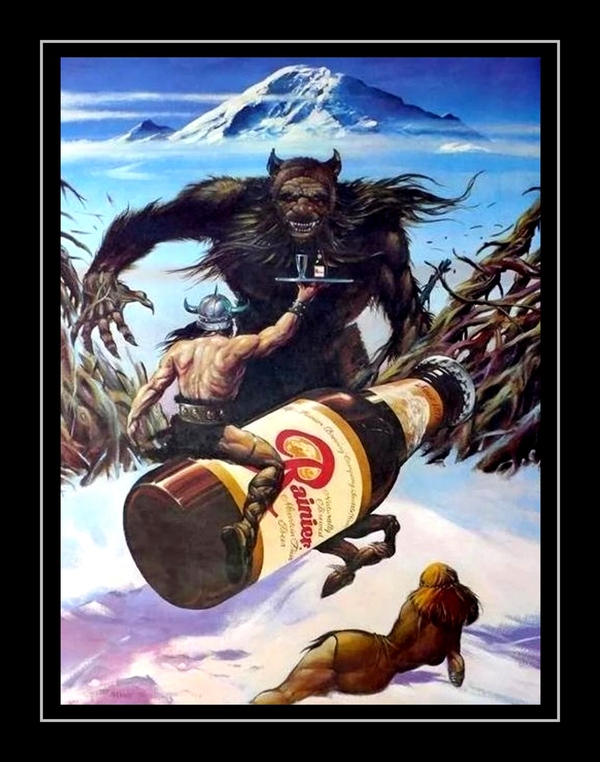 Vintage 1970s Rainier Beer BigFoot Poster Print, Bar Wall Art Barbeerian Sasquatch Werewolf