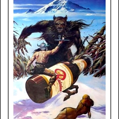 Vintage 1970s rainier beer bigfoot poster print, bar wall art barbeerian sasquatch werewolf