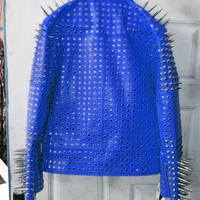 Crafted Leather New Men's Blue Punk Silver Spiked Studded Leather Brando Style Jacket - Thumbnail 1