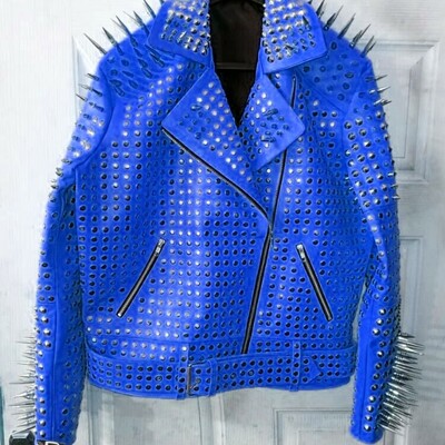 Crafted leather new men's blue punk silver spiked studded leather brando style jacket - Thumbnail 4