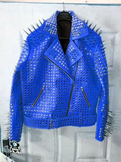 Crafted Leather New Men's Blue Punk Silver Spiked Studded Leather Brando Style Jacket