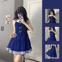 Cute and sweet Klein suspender skirt bow dress - Thumbnail 1