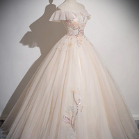 Champagne Tulle Floor Length Prom Dress - Thumbnail 2
