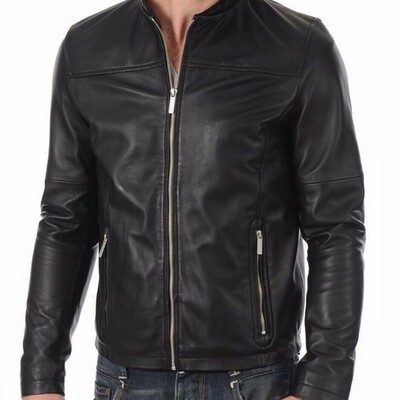 100% pure men's lambskin leather jacket slim fit biker motorcycle jacket