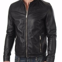 100% Pure Men's Lambskin Leather Jacket Slim fit Biker Motorcycle jacket - Thumbnail 1