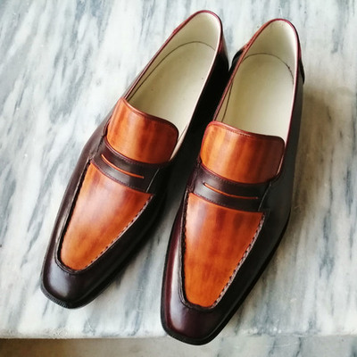 Handmade men's leather shoes, tan brown penny loafer slip on casual shoes