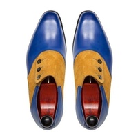 Original Leather & Suede Men Handmade Two Tone Formal Button Tan And Blue Shoes - Thumbnail 4