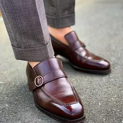 Handmade men's brown monk strap loafer narrow toe original leather loafer shoes