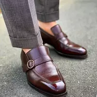 Handmade Men's Brown Monk Strap Loafer Narrow Toe Original Leather Loafer Shoes - Thumbnail 1