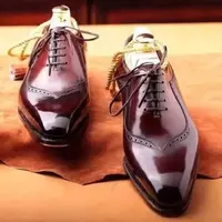 Handmade Men's Burgundy Leather Oxford Chiseled Toe Lace Up Dress Formal Shoes - Thumbnail 4
