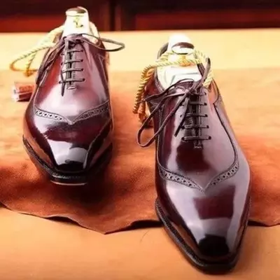 Handmade men's burgundy leather oxford chiseled toe lace up dress formal shoes