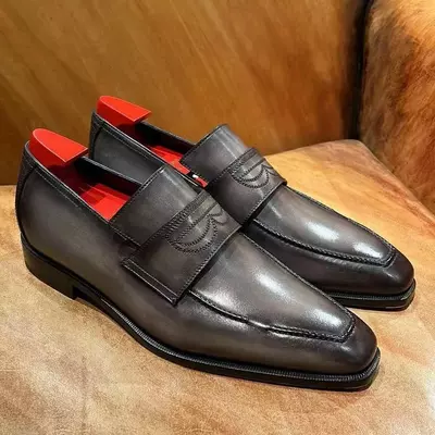 Handmade men's grey penny loafer narrow toe original leather loafer shoes