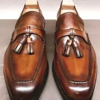 Handmade Men's Brown Tasselled Loafer Narrow Toe Original Leather Loafer Shoes - Thumbnail 4
