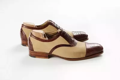 Handmade Men's Brown Crocodile Cowhide Leather Beige Suede Cap Toe Dress Shoes