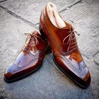 Handmade Men's Brown Brogue Leather Oxford Wingtip Lace up Formal Dress Shoes - Thumbnail 4