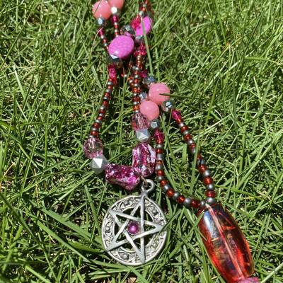 Pink pentacle beaded necklace