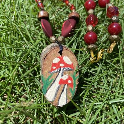 Amanita mushroom beaded necklace