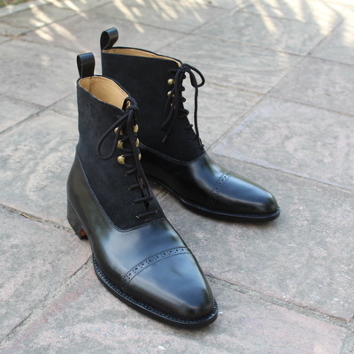 Crafted leather handmade ankle high lace up boot in black calf and suede  leather - Thumbnail 3