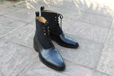 Crafted Leather Handmade Ankle High Lace up Boot in Black Calf and Suede  Leather