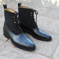 Crafted Leather Handmade Ankle High Lace up Boot in Black Calf and Suede  Leather - Thumbnail 2