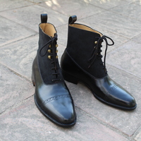 Crafted Leather Handmade Ankle High Lace up Boot in Black Calf and Suede  Leather - Thumbnail 3