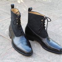 Crafted Leather Handmade Ankle High Lace up Boot in Black Calf and Suede  Leather - Thumbnail 4