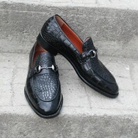 Crafted Leather Classic Black Crocodile/Alligator Horsebit Loafers Dress Shoes - Thumbnail 2