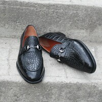 Crafted Leather Classic Black Crocodile/Alligator Horsebit Loafers Dress Shoes - Thumbnail 1