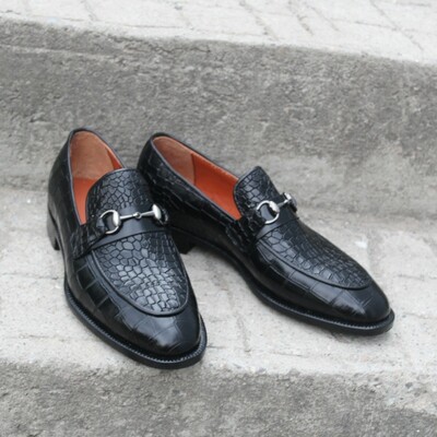 Crafted leather classic black crocodile/alligator horsebit loafers dress shoes - Thumbnail 3