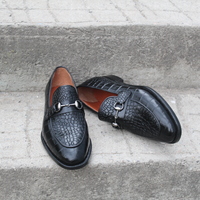 Crafted Leather Classic Black Crocodile/Alligator Horsebit Loafers Dress Shoes - Thumbnail 4