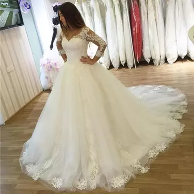 Princess ball gown wedding dresses vestido de noiva manga longa v neck corset wedding dress with sleeves