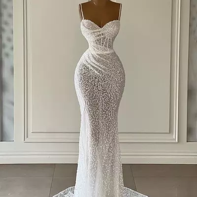 See through mermaid wedding dresses spaghetti straps bridal gowns sequined beading illusion sweep train robe bride dress