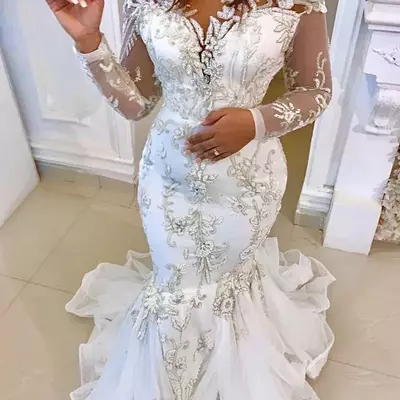 Crystals beaded mermaid wedding gowns sheer neck long sleeves vintage sexy bridal dresses 