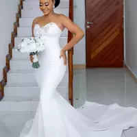 Simple Crystals Mermaid Wedding Gowns Sweetheart Satin Elegant Bridal Dresses - Thumbnail 1