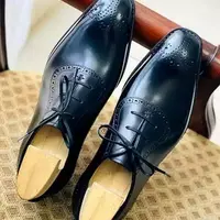 New Handmade Men's Navy Blue Cowhide Brogue Leather Lace Up Oxford Dress Shoes - Thumbnail 1