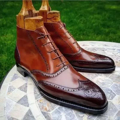 Handmade men's wingtip brown color two tone lace up dress boots, men ankle boots
