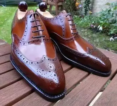 Handmade Men's Brown Brogue Leather Round Toe Wingtip Lace Up Oxford Dress Shoes