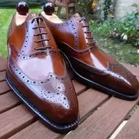 Handmade Men's Brown Brogue Leather Round Toe Wingtip Lace Up Oxford Dress Shoes - Thumbnail 1