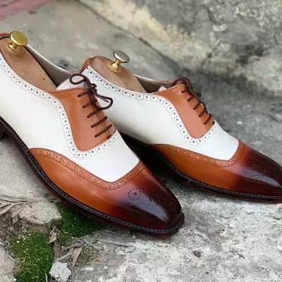 New handmade men's brown white cowhide leather oxford lace up dress formal shoes