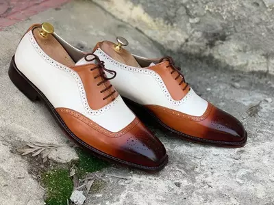 New Handmade Men's Brown White Cowhide Leather Oxford Lace Up Dress Formal Shoes
