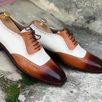 New Handmade Men's Brown White Cowhide Leather Oxford Lace Up Dress Formal Shoes - Thumbnail 1